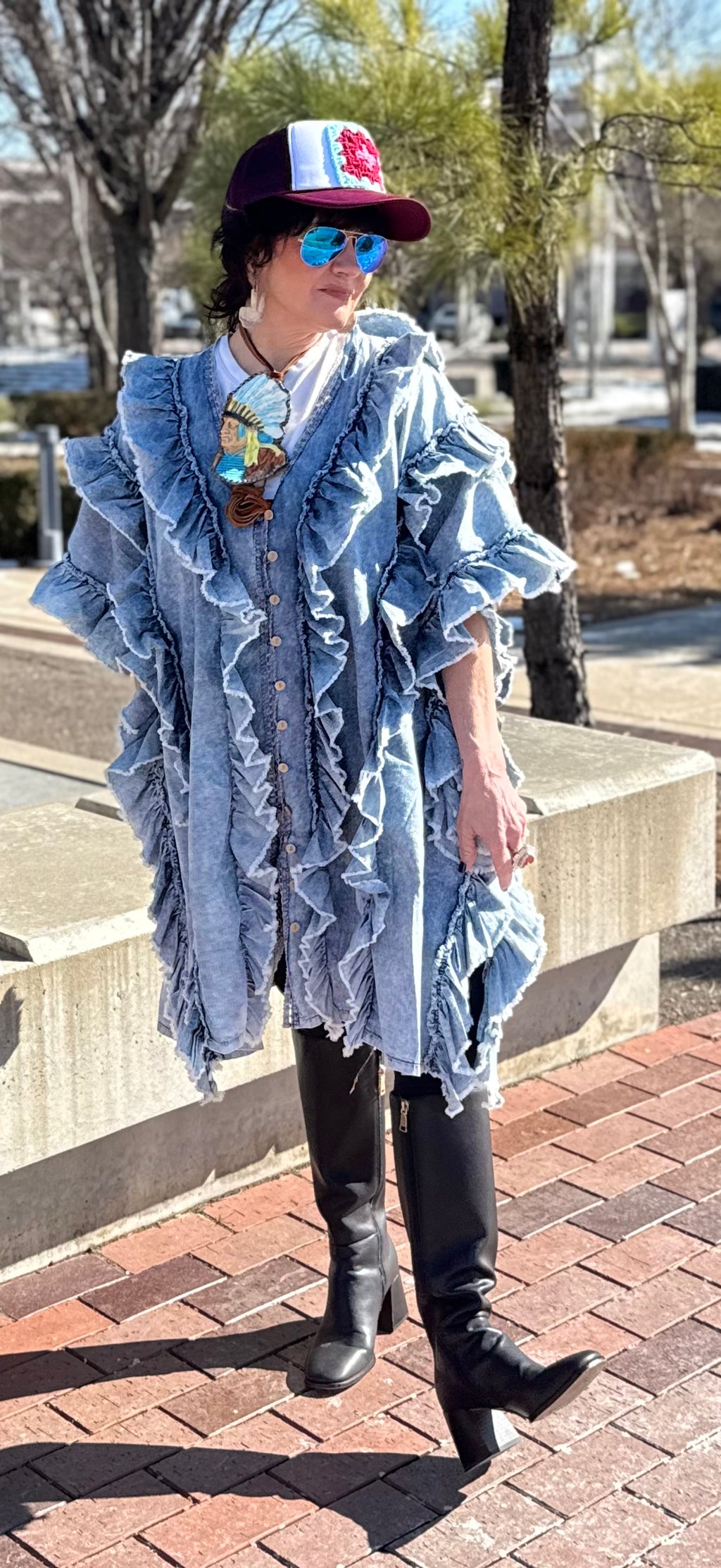 Denim ruffled kimono