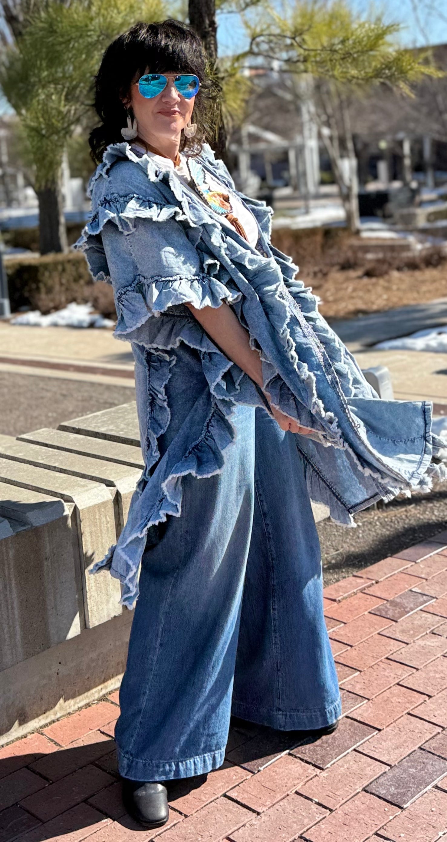 Denim ruffled kimono