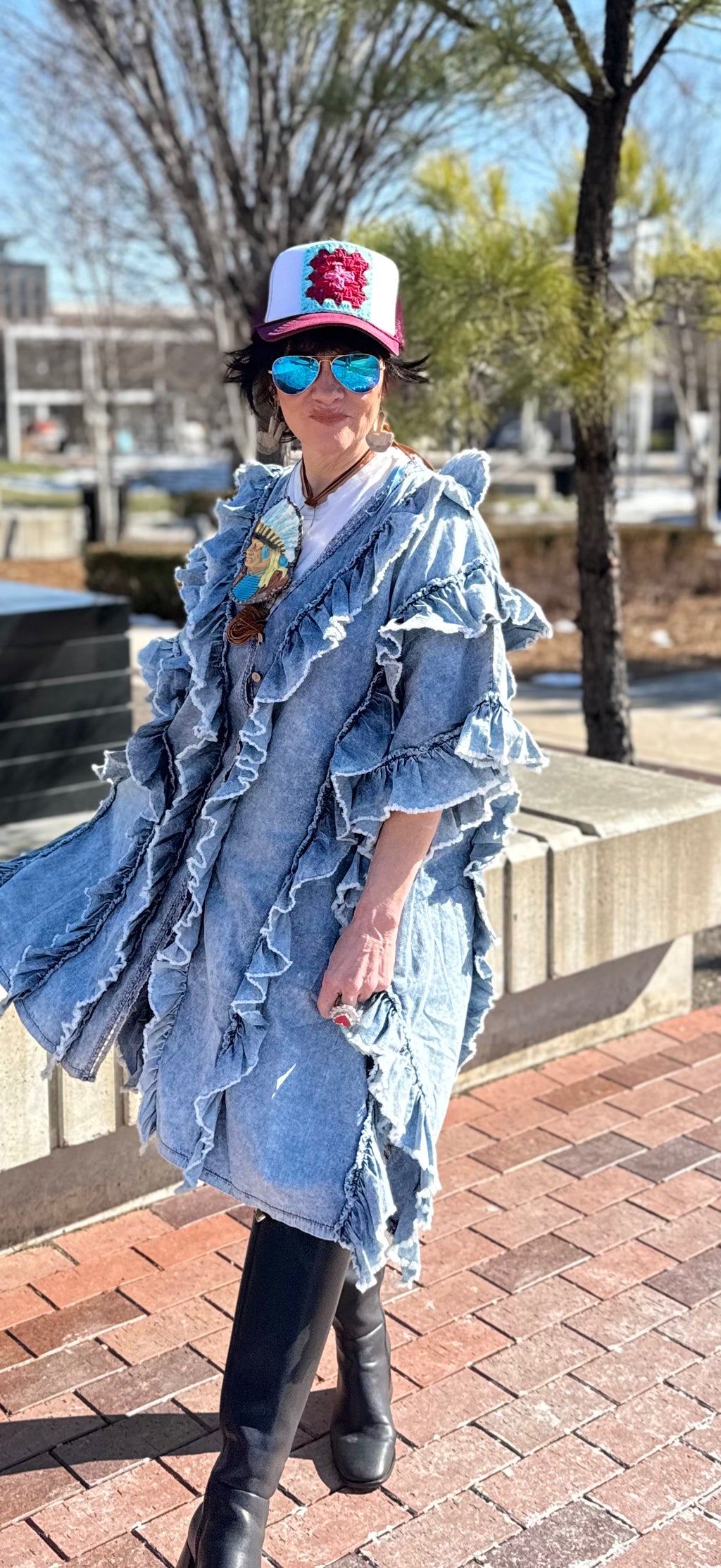 Denim ruffled kimono