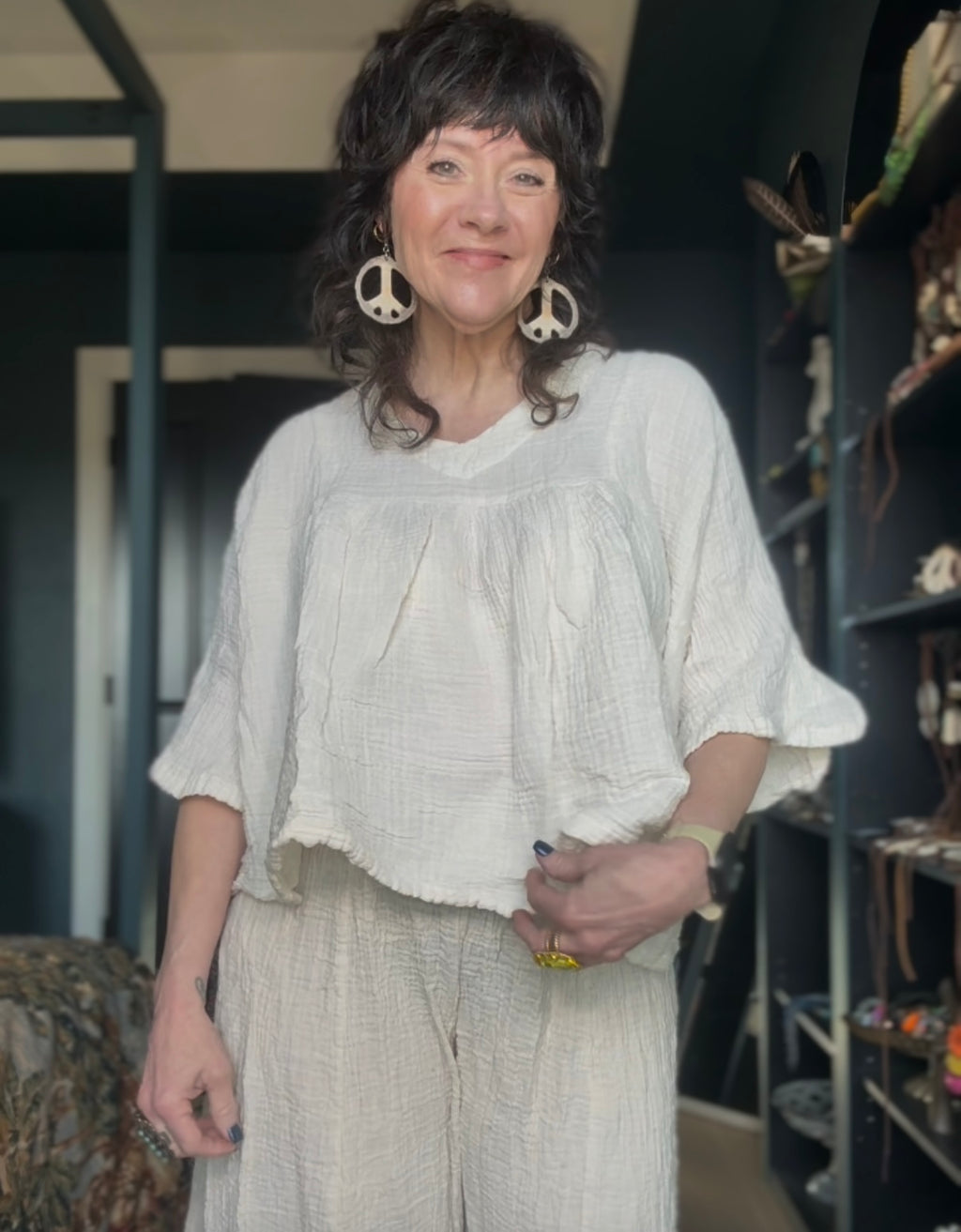 Cotton V neck bell sleeve top