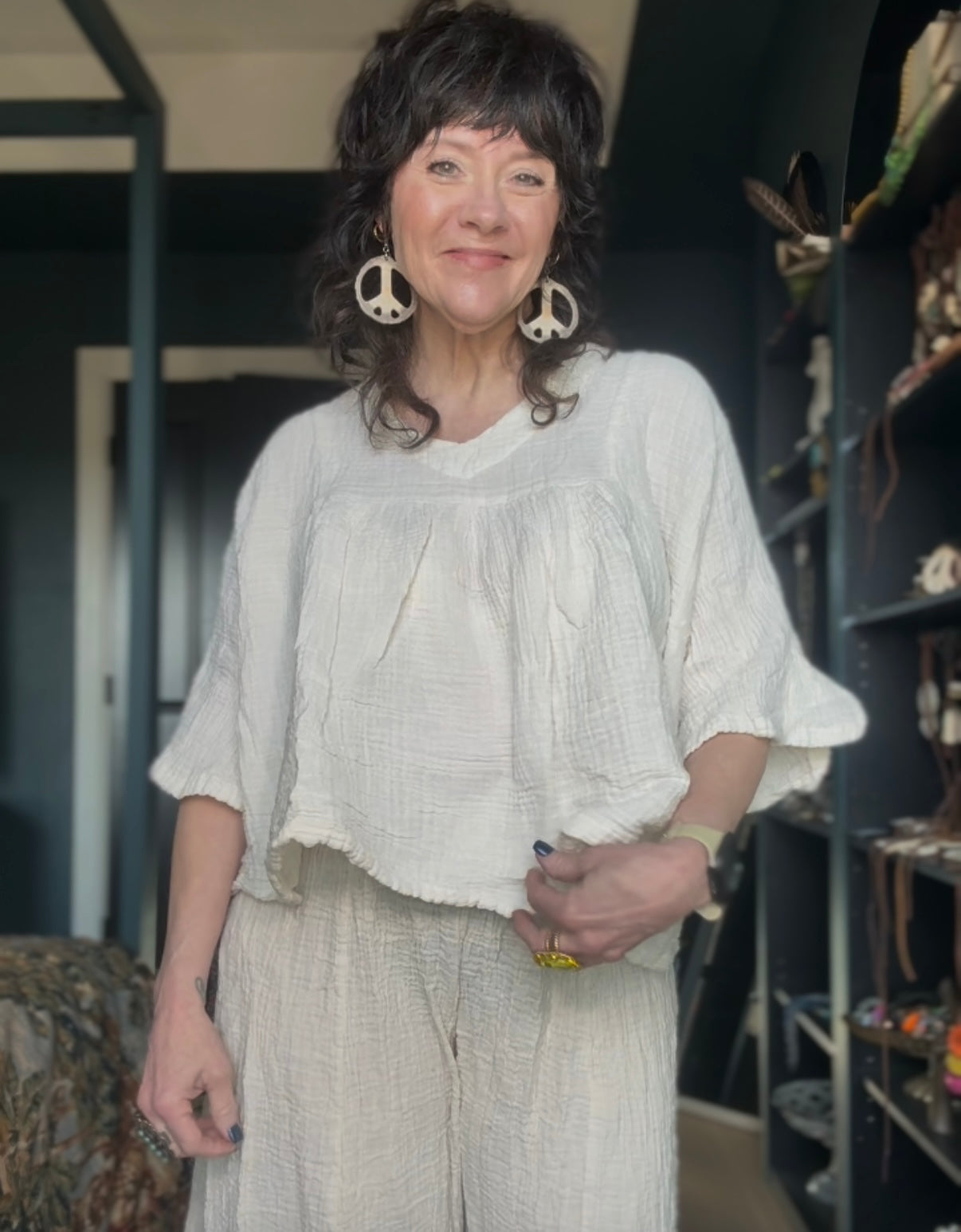 Cotton V neck bell sleeve top