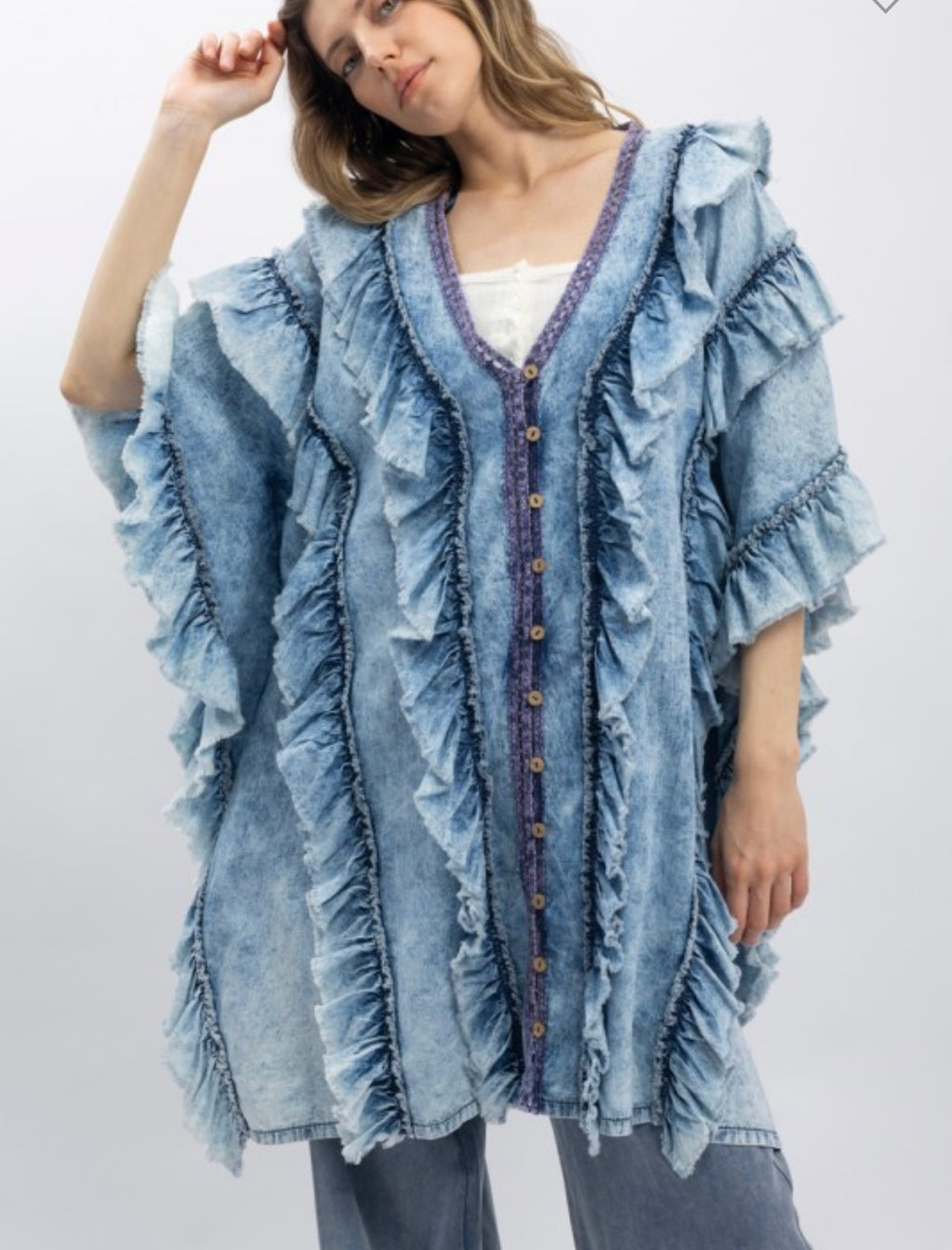 Denim ruffled kimono